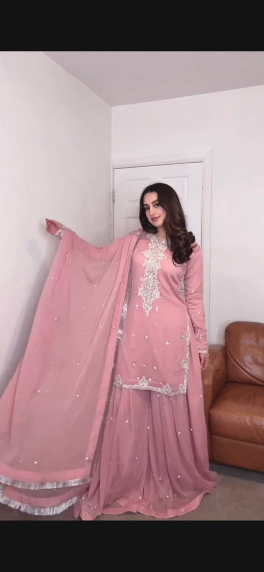 Glimmering Georgette Peach Color Palazzo Suit
