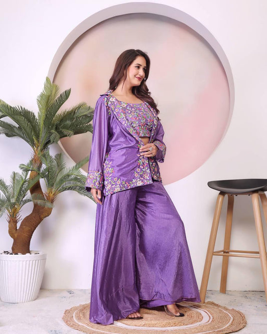Multi Embroidery Thread Work Stylish  Lavender Color Palazzo Suit With Koti