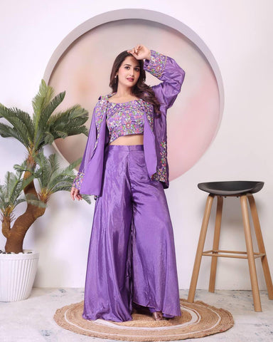 Multi Embroidery Thread Work Stylish  Lavender Color Palazzo Suit With Koti