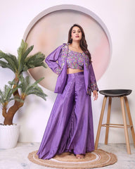 Multi Embroidery Thread Work Stylish  Lavender Color Palazzo Suit With Koti
