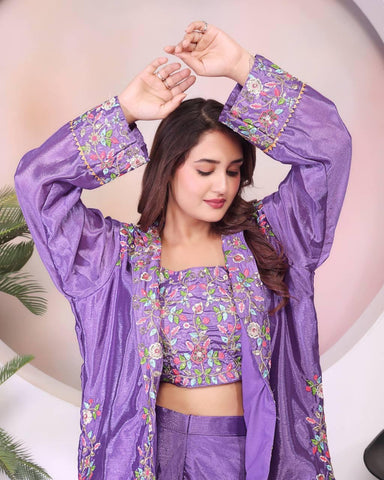 Multi Embroidery Thread Work Stylish  Lavender Color Palazzo Suit With Koti
