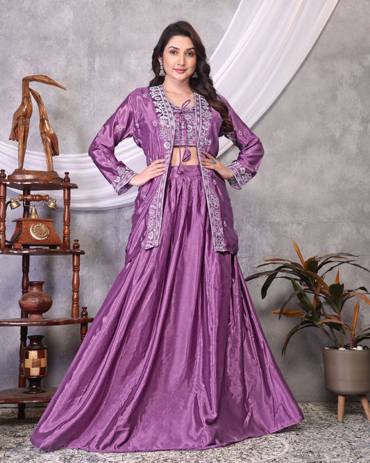 Function Wear Embroidery Work Lavender Color Lehenga Choli With Koti