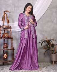 Function Wear Embroidery Work Lavender Color Lehenga Choli With Koti