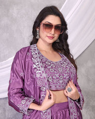 Function Wear Embroidery Work Lavender Color Lehenga Choli With Koti