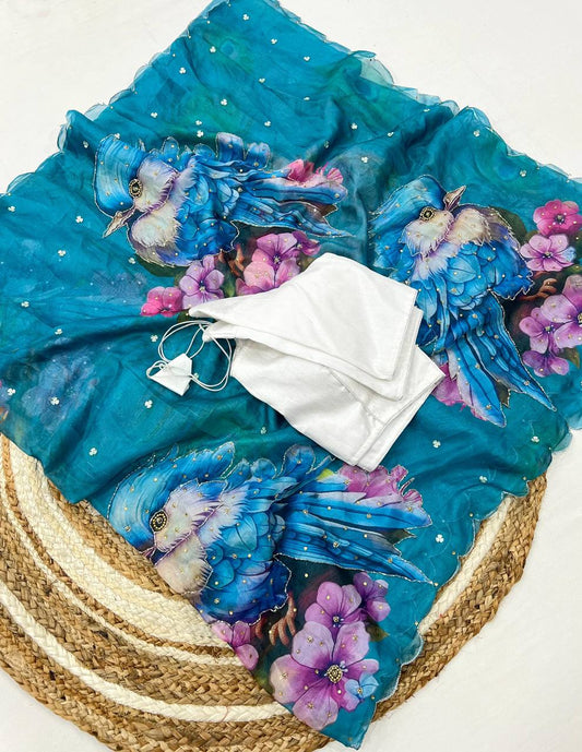 Wonderful Flower Print Sky Blue Color Saree
