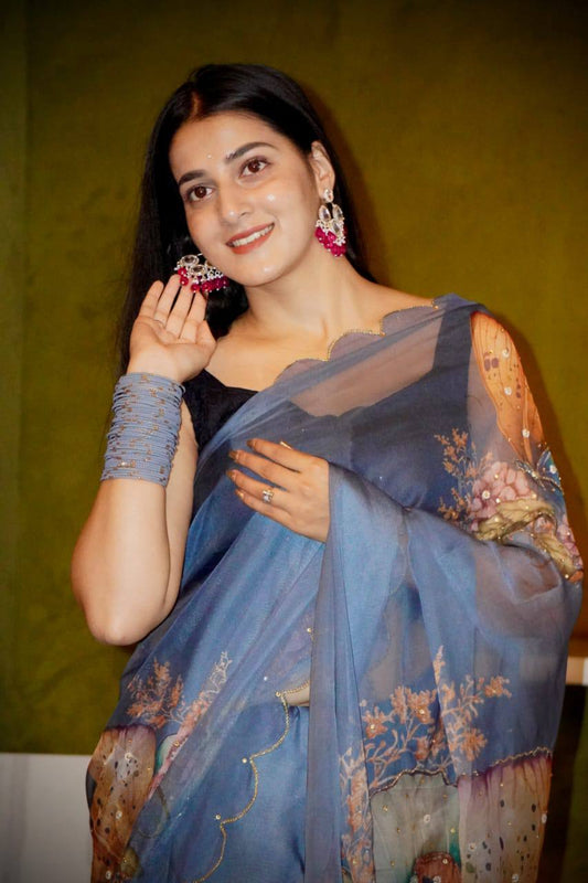 Butterfly Print Sky Blue Color Fancy Saree