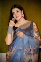 Butterfly Print Sky Blue Color Fancy Saree