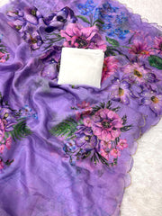Multi Flower Print Lavender Color Classy Saree