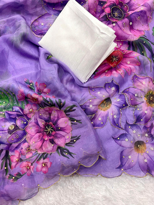 Multi Flower Print Lavender Color Classy Saree