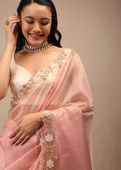 Beautiful Border Work Peach Color Saree