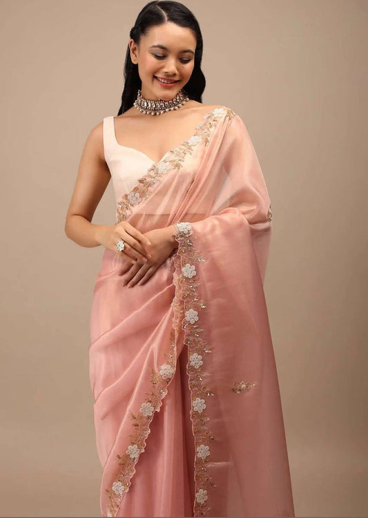Beautiful Border Work Peach Color Saree