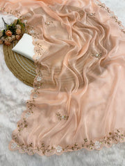 Beautiful Border Work Peach Color Saree