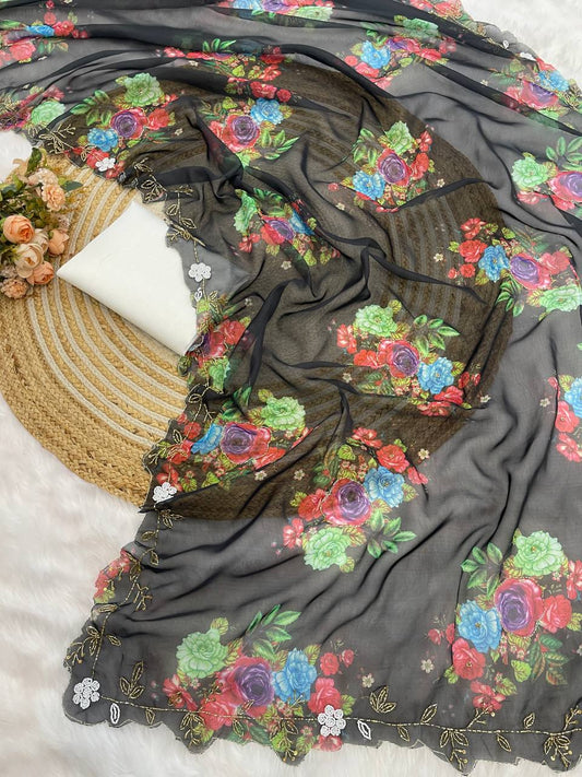 Classic Flower Print Black Color Saree