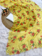 Classic Flower Print Yellow Color Saree