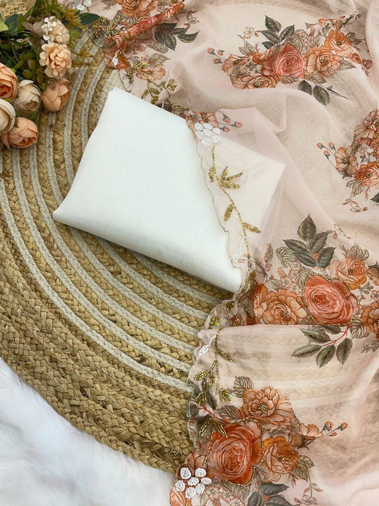 Classic Flower Print Peach Color Saree