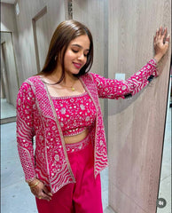 Adorable Embroidery Work Pink Color Palazzo Suit With Koti