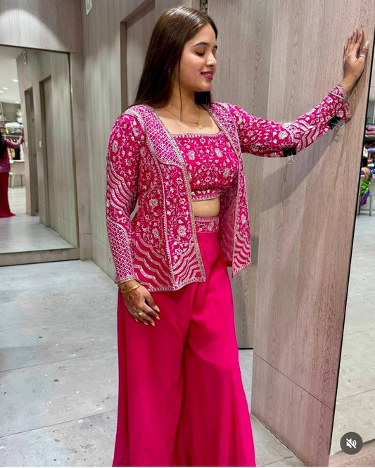 Adorable Embroidery Work Pink Color Palazzo Suit With Koti