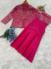 Adorable Embroidery Work Pink Color Palazzo Suit With Koti