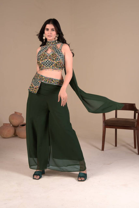 Awesome Sequins Work Green Color Palazzo Suit