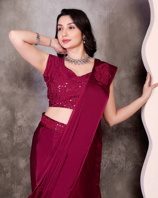 Party Wear Marron Color Ready To Wear Saree