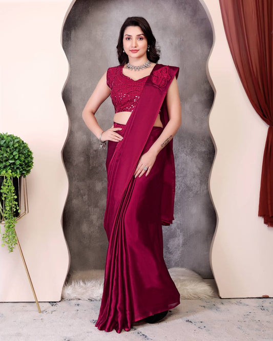 Party Wear Marron Color Ready To Wear Saree