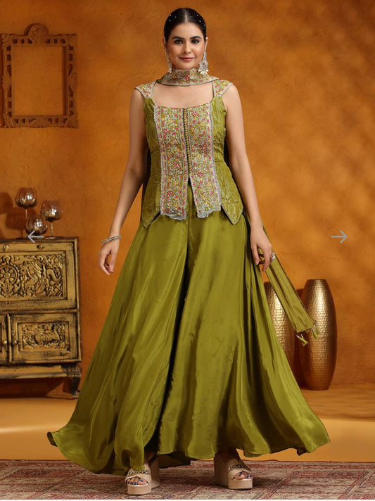 Elegant Embroidery Work Mehndi Color Palazzo Suit