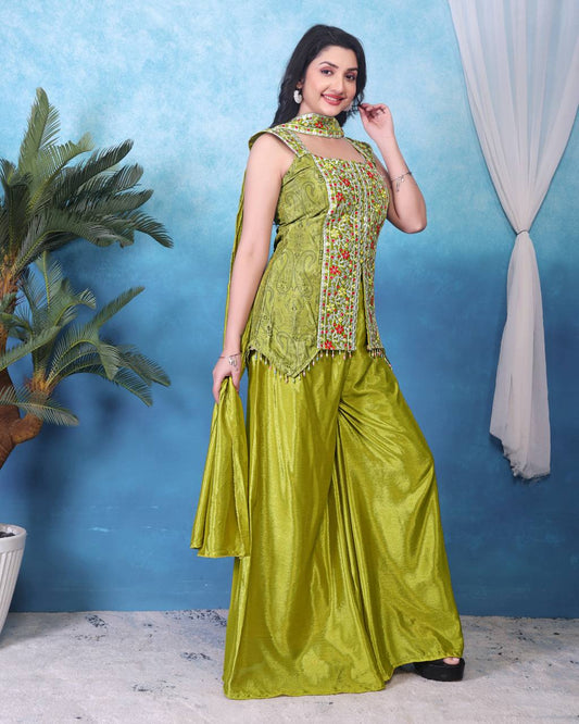 Elegant Embroidery Work Mehndi Color Palazzo Suit