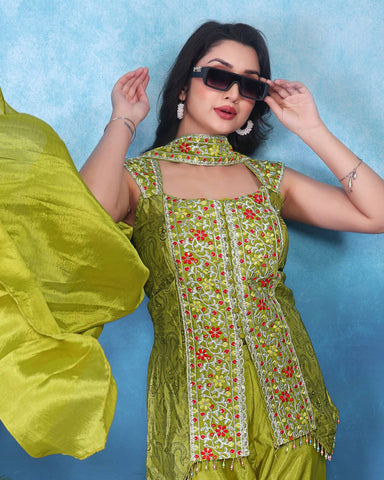 Elegant Embroidery Work Mehndi Color Palazzo Suit
