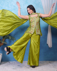 Elegant Embroidery Work Mehndi Color Palazzo Suit