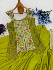 Elegant Embroidery Work Mehndi Color Palazzo Suit