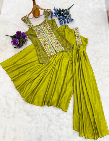 Elegant Embroidery Work Mehndi Color Palazzo Suit