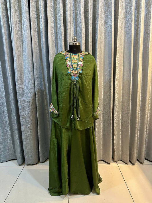 Glimmering Embroidery Work Mehndi Color Top With Palazzo Suit