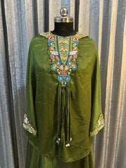 Glimmering Embroidery Work Mehndi Color Top With Palazzo Suit