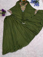 Glimmering Embroidery Work Mehndi Color Top With Palazzo Suit