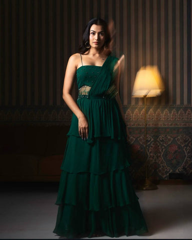 Flattering Georgette Green Color Draped Lehenga Choli