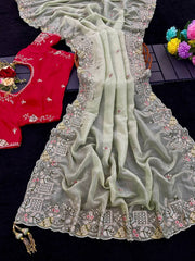 Precious Embroidery Work Green Color Saree