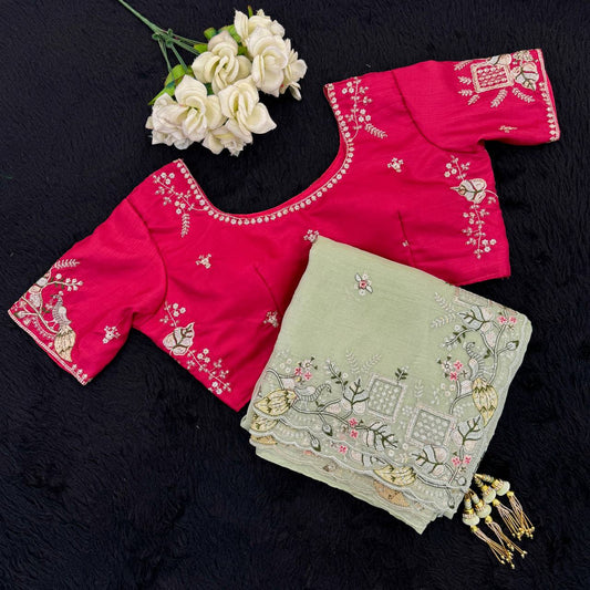 Precious Embroidery Work Green Color Saree