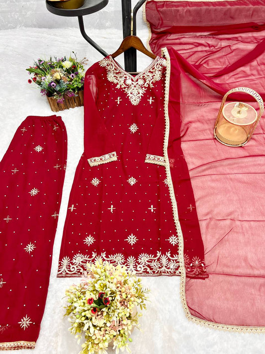 Presenting Embroidery Work Red Color Palazzo Suit