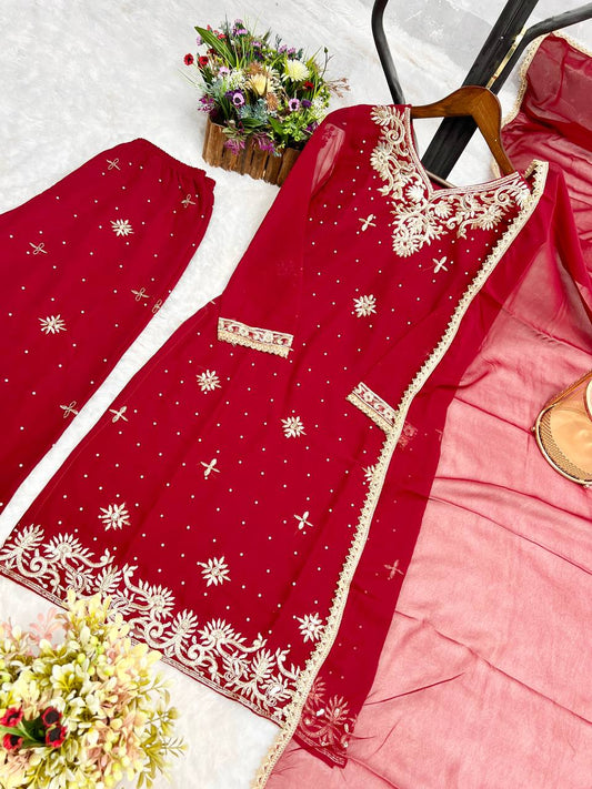 Presenting Embroidery Work Red Color Palazzo Suit