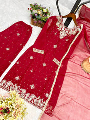 Presenting Embroidery Work Red Color Palazzo Suit