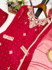 Presenting Embroidery Work Red Color Palazzo Suit