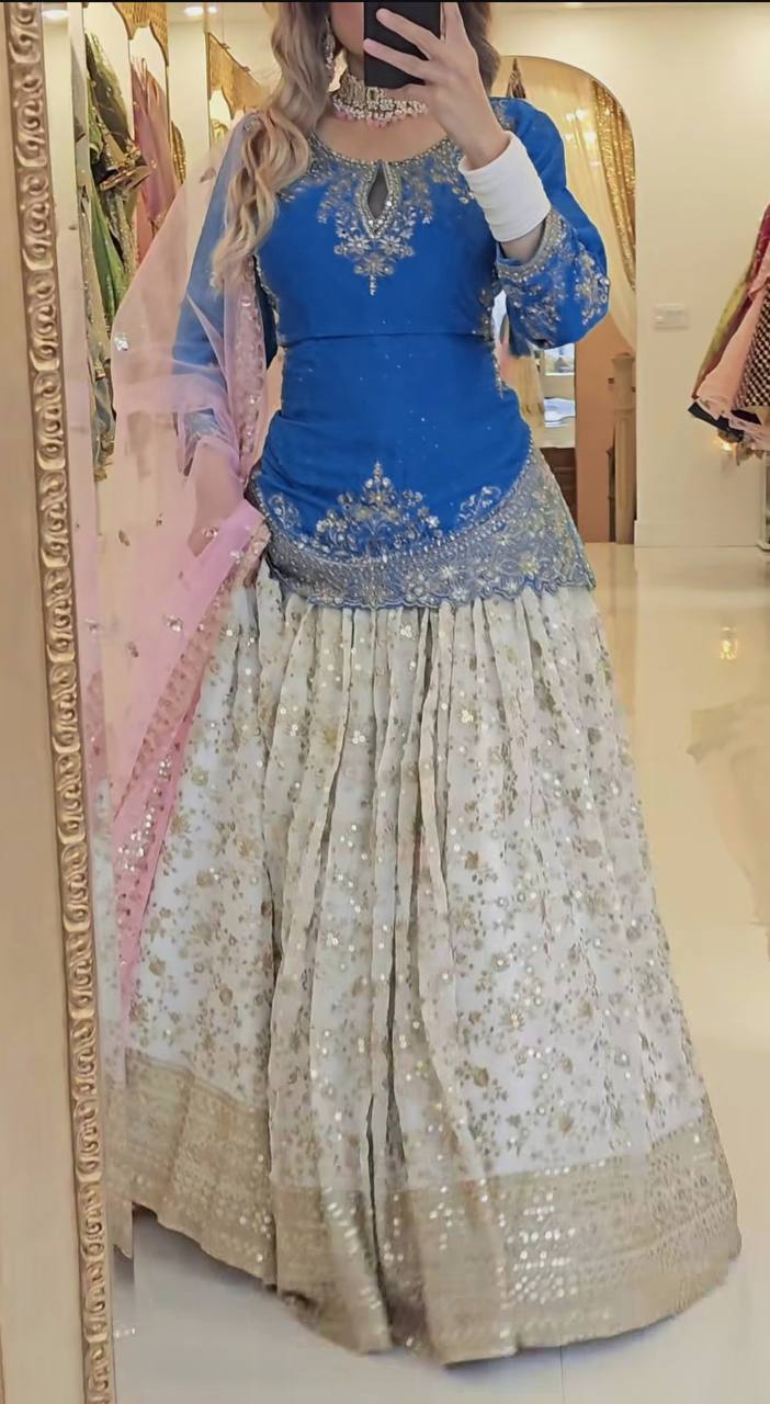 Outstanding Embroidery Work Blue Color Top With Lehenga
