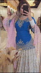 Outstanding Embroidery Work Blue Color Top With Lehenga