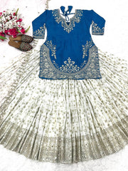 Outstanding Embroidery Work Blue Color Top With Lehenga