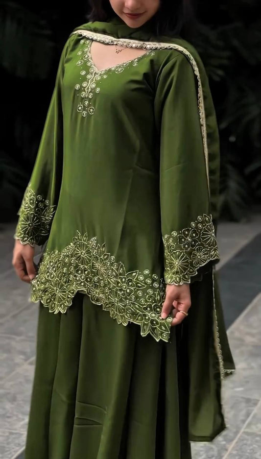 Delightful Georgette Mehndi Color Sharara Suit