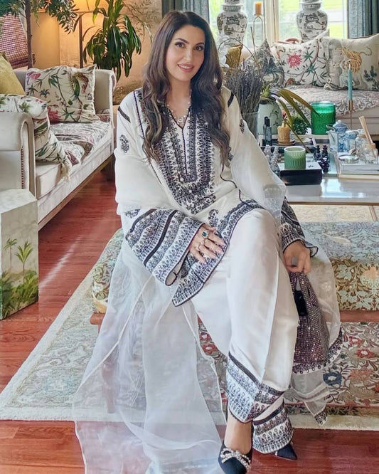 Charming White Color Natural Silk Palazzo Suit