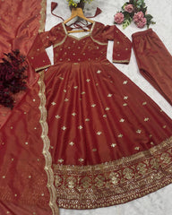 Classic Heavy Work Orange Color Gown With Dupatta