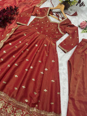 Classic Heavy Work Orange Color Gown With Dupatta