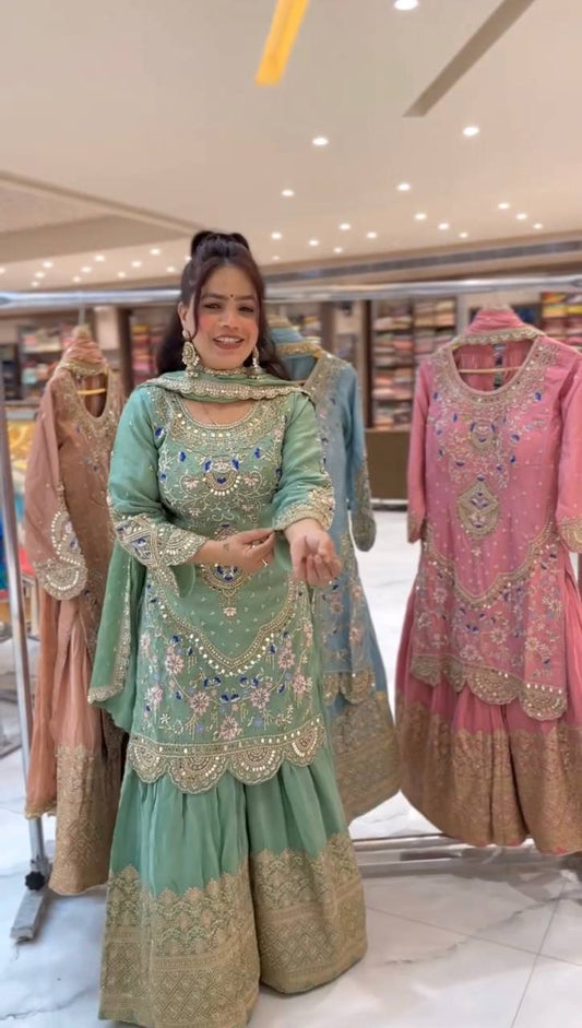 Stylish Heavy Work Teal Green Color Sharara Suit