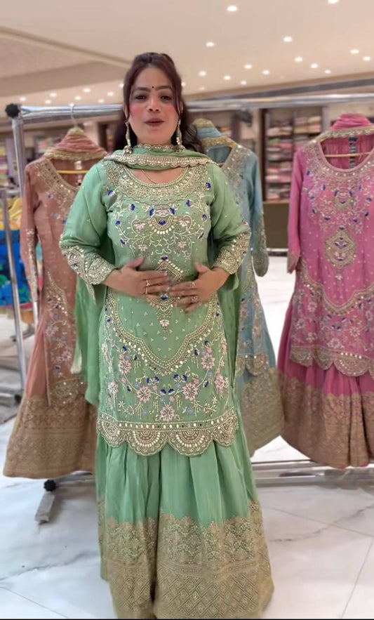 Stylish Heavy Work Teal Green Color Sharara Suit